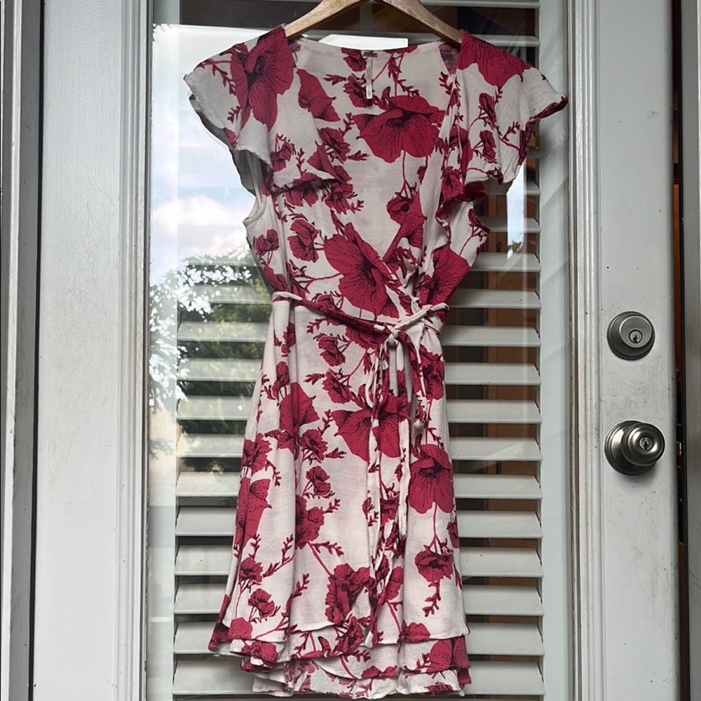 Free People Pink and Red Wrap Sundress with Flutter Sleeves